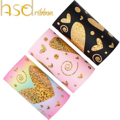 HSDRibbon free shipping 75mm 3inch love heart gold hologram foil printed on Grosgrain Ribbon