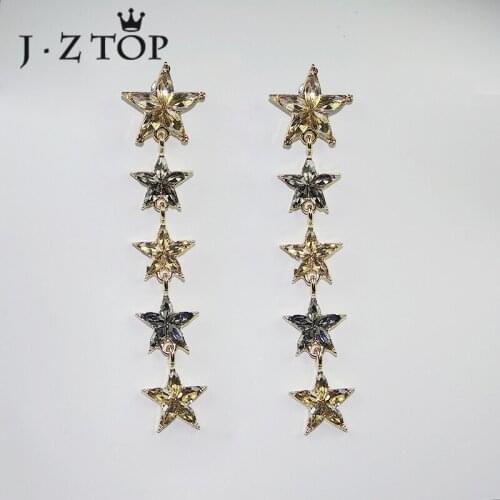 JZTOP Fashion Flowers Crystal Stud Earrings Gold Color Five Pointed Star Tassel Long Earrings Woman Exquisite Oorbellen Jewelry