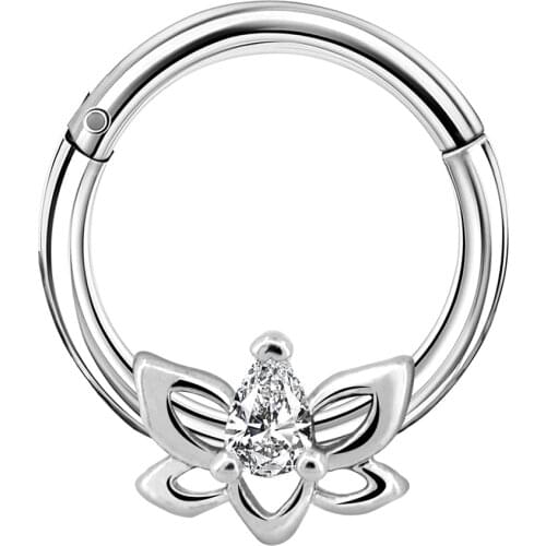 Body Punk Hinged Segment Rings 16G Daith Piercing Rings Lotus Flower with Clear CZ Hinged Clicker Piercing Hoop