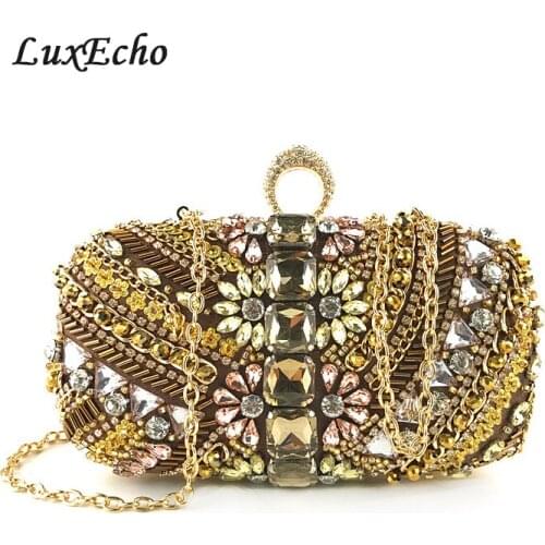 LuxEcho Evening Bags Womens Beading Day Clutches Fashion Bags crystal Flower Wedding Purse shoulder bags Ring buckle