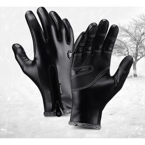 Ski Gloves for Men Winter Outdoor Sports Cycling Gloves Mens Warm Full Finger PU Leather Gloves Windproof Non-slip Touch Screen