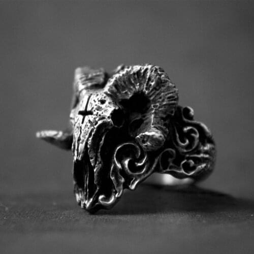 Retro Gothic Punk Horn Skull Demon Satan Rings Heavy Mens Biker Stainless Steel Rings Male Baphomet Pagan Jewelry Accessories