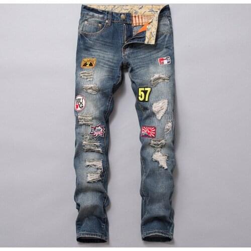 Mens Jeans Embroidery Patchwork Hip Hop Blue Denim Pants Streetwear Holes Ripped Stretch Denim Skinny Trousers