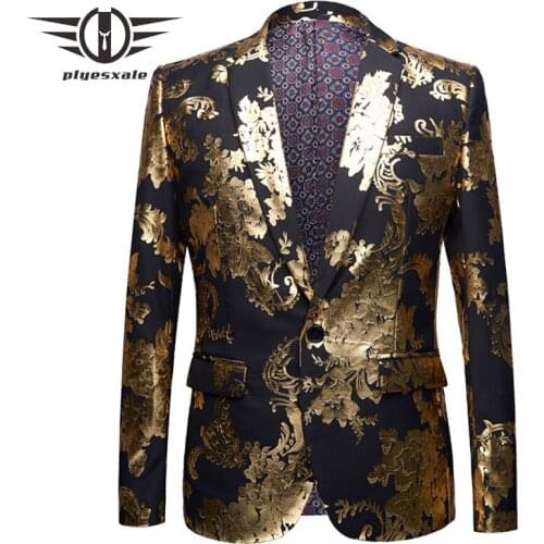 Plyesxale Stylish Gold Blazer Men 2018 New Autumn 4-5XL Mens Printed Blazer Jacket Gentleman Grooms Wedding Blazer For Men Q482