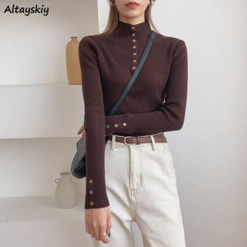 Pullovers Women Slim 6-colors Basic Buttons Elegant Office Ladies Mock Neck Vintage All-match Elegant Simple Full Sleeve Female