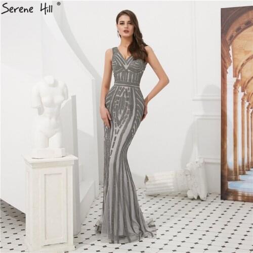 Grey Full Diamond Sleeveless Mermaid Evening Dresses 2020 Dubai V-neck Sexy Formal Evening Gowns Serene Hill LA6511