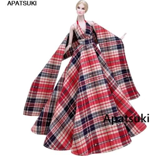 Red Plaid High Fashion Wedding Dress for Barbie Doll Outfits Clothes Scarf Big Evening Dresses Party Gown 1/6 Accessories Toys
