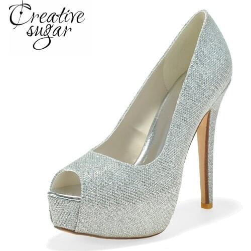 Creativesugar Ladies platform high heel dress shoes gold silver black glitter pumps wedding open toe heels party prom cocktail