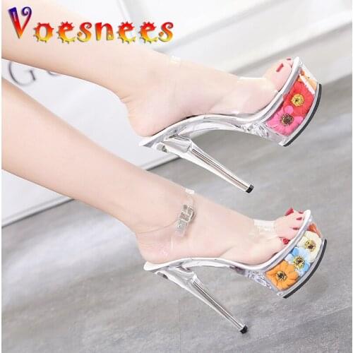 Voesnees 2021 Sexy Clear Pvc Women Shoes Slippers Plastic Crystal High Heels 15CM Transparent Open Toe Flowers Platform Shoes