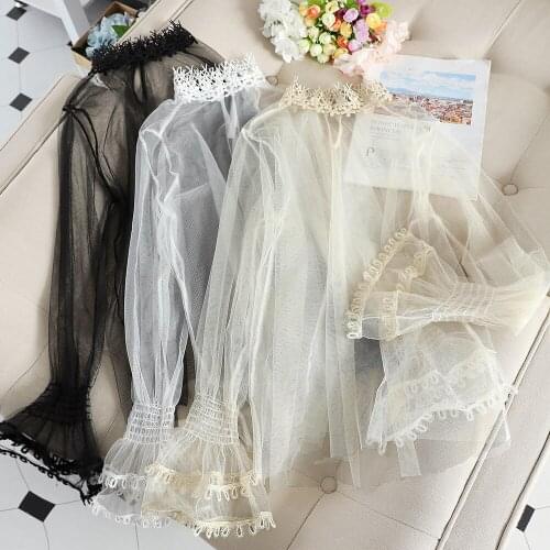 Elegant Women Flare Sleeve Hollow Out Lace Flower Basic Ruffles Shirt Vintage Elastic Slim Mesh Gauze Voile Pullover Blouse Tops