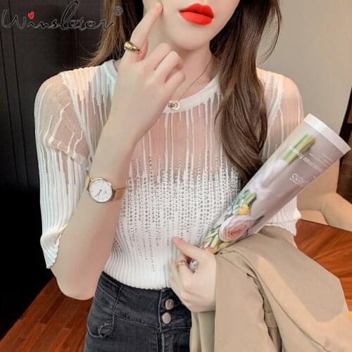 Summer White T-shirt Women Knitwear Mesh Transparent Diamonds Puff Sleeve Tees Tops For Women Girls Stretchy Knitted T16103A