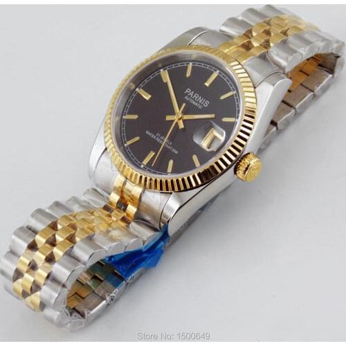Parnis 36mm Gold bezel BLACK steel dial Luxurious steel belt Automatic Movement Womens Wristwatch
