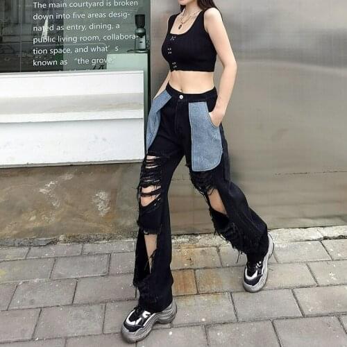 2021 spring and summer new wear hole pocket everted jeans women show thin wide leg casual beggars trend