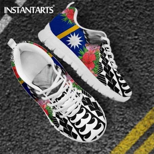 INSTANTARTS Nauru Flag Print Lace Up Flats Sneakers for Womens Polynesian Tattoo Floral Print Casual Ladies Walk Shoe Footwear