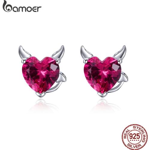 BAMOER Fashion 925 Sterling Silver Angel And Devil Pink CZ Heart Stud Earrings for Women Sterling Silver Jewelry Girls Party