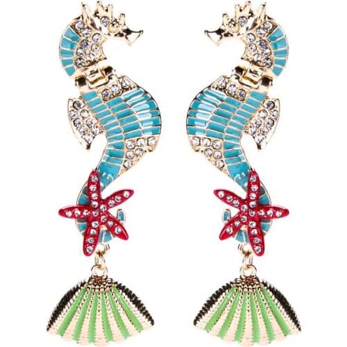 Sea Horse Pattern Dangle Earrings for Female Punk 2020 New Fashion Starfish Rhinestone Luxury Beach Party Decoration ET234