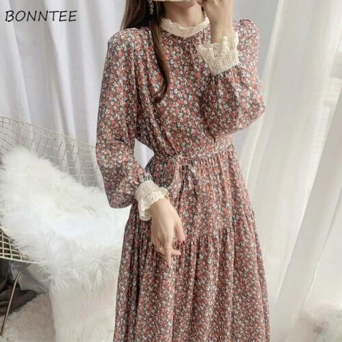 Dresses Women Plus Velvet Temperament Autumn Floral Lace Female Lovely Elegant O-Neck Spring Colorful BF Style Newest Lace-up