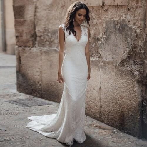 Backless mermaid Wedding Dress Strap Sexy Sheath V Neck cheap dresses Sofuge Boho Dubai Arabic vestido de novia