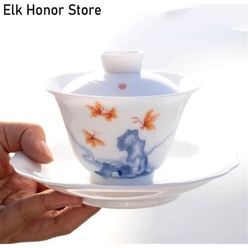 170ml Elegant Ceramic Gaiwan Sancai Tea Bowl Kung Fu Tea Set Porcelain Love Of Butterfly Tea Cup Cover Saucer Lid Kit Ceremony