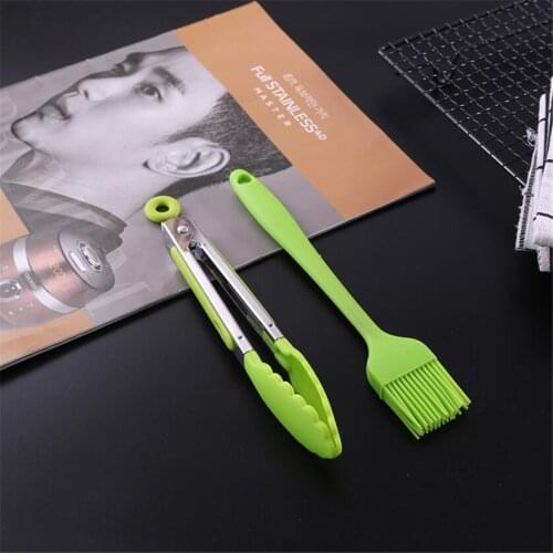 2pcs/1pcs Green Silicone BBQ Tongs Oil Brush Kitchen Tongs BBQ Grill Food Meat Tongs Barbecue Tongs Oil Sauce Brushes Tool