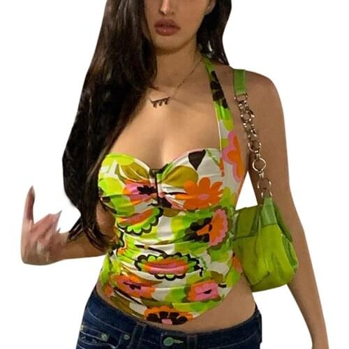 2021 Fashion Women Floral Print Halter Tank Top Retro Sexy Sleeveless Ruched Slim Camisole Tops Holiday Summer Casual Crop Top