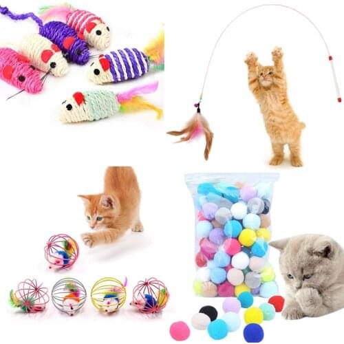 Cat Interactive Toy Mouse Cage Toys Stick Feather Teaser Toy Wand with Small Bell Colorful Felt small ball Cat Toy