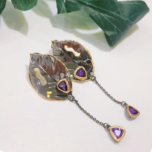 Purple Leaf CZ Zirconia Dangle Earrings Vintage Jewellery Mothers gift Jewelry Drop earring for Women