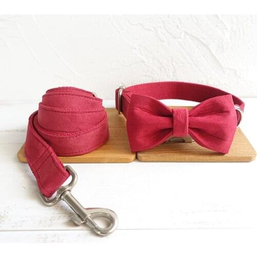 Bow Tie Dog Collar with Name Engraved Personalized Girl/Boy Dog Collars Adjustable Fashion Pet Collar with Leash Set Solid Red