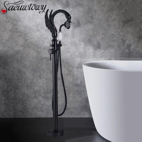 Swan shape Chrome Floor Standing Bathtub Faucet Bathroom Faucet Telephone Style Bathtub Tap 360° Rotation Ceramic Handle