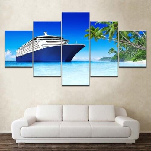 Canvas Prints Paintings Wall Art Posters 5 Pieces Beach Palm Tree Cruise Seascape Pictures For Living Room Home Decor Framework