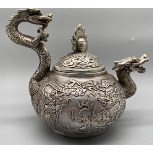 China White copper archaize double dragon play bead teapot crafts statue