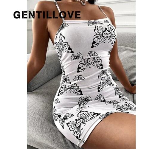 Gentillove Summer Y2K Short Dress Sexy Skinny Bandage Mini Dress Elegant Strap Butterfly Print Bodycon Dress Dress Beach Party