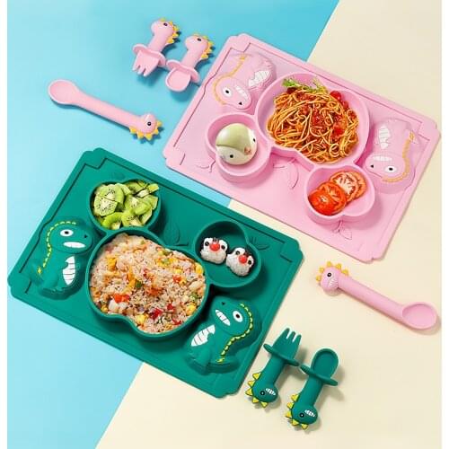 Baby Dinner Plate Food Grade Silicone Tableware Anti-drop Cartoon Food Supplement Plate Non-slip Feeding Dishes+Spoon + Fork