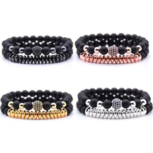 NCRORCN 2pc/set Micro Pave CZ 10mm Disco Ball Charms Bracelets for women 8mm Matte beads stone Bracelet men jewelry bileklik