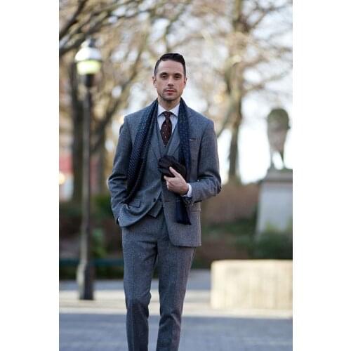 2017 Latest Coat Pant Designs Grey Tweed Casual Men Suit Slim Fit 3 Piece Tuxedo Custom Blazer Groom Prom Suits Terno Masculino