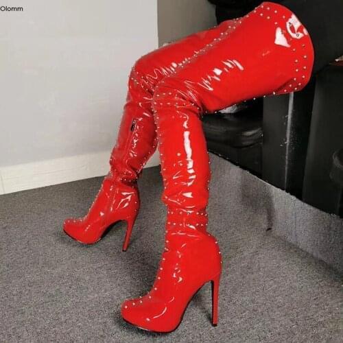 Olomm Hand Made Women Thigh High Boots Sexy Rivets Stiletto High Heels Boots Round Toe Red Night Club Shoes Women US Size 5-20