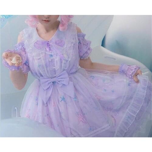 Sweet Star Fish & Shells Printed Lolita Dress Cold Shoulder Short Sleeve Party Dress B404