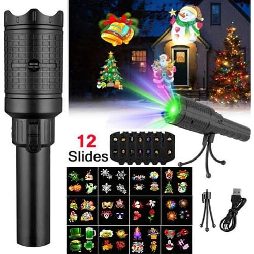 USB Powered Handheld LED 2 in 1 Projection Flashlight with 12 Patterns Christmas Halloween Projector Lights for Birthday Party