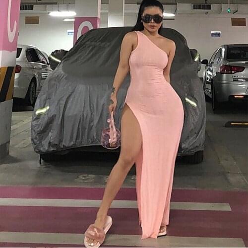 Puloru Sexy Women One Shoulder Straps Maxi Bodycon Dress Solid Color/Leopard Print Sleeveless Side Split Tank Dress Clubwear