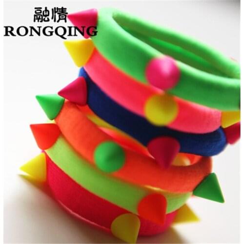 RONGQING 50pcs/lot Colour random delivery Mixed rivet Fluorescent color Rubber band Head rope Hair jewelry for women girl