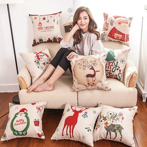 Merry Christmas Letters Square Linen Pillowcase Santa Elk Bell Pillow Cover for Home Decorative Cushion Cover 45x45cm