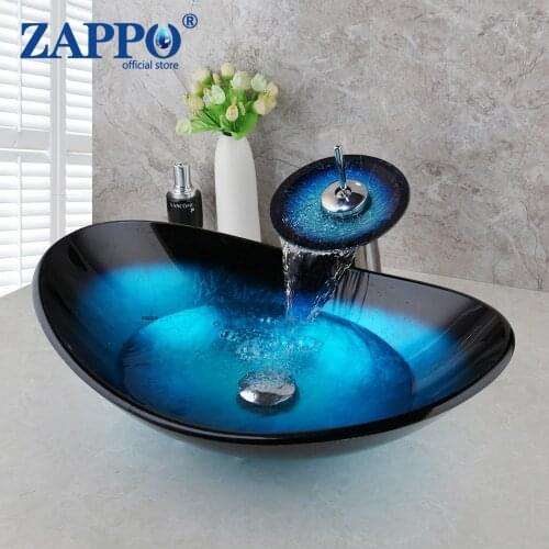 ZAPPO Blue Tempered Glass Basin Sink Washbasin Faucet Set Bathroom Counter top Bowl Washroom Vessel Vanity Sink Mixer