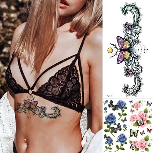 Waterproof Temporary Tattoo Sticker Woman Chest Lace Henna Butterfly Rose Peony Flower Flash Tatoo Girl Body Art 3D Fake Tatto
