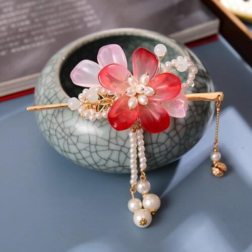 Pearl Tassel Hair Stick Set with Flower Hairpin Chinese Style Hanfu Clothing Chopsticks Hair Styling Hair Accessories EIG88