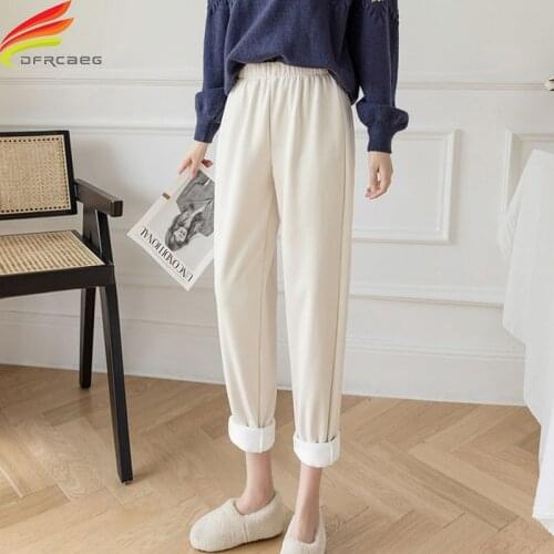 New 2020 Winter Harem Corduroy Pants Women Beige Or Black Color Elastic Waist Thicken Velvet Warm Trousers Women Pantalon Femme