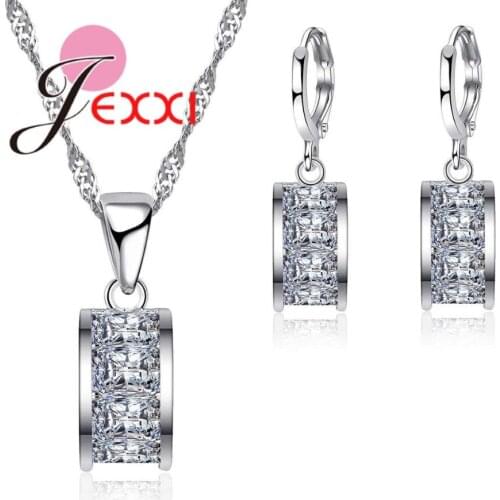 Luxury Rectangle Jewelry Sets Inset Clear AAA+ Zircon Round Cut Necklace/Earrings 925 Sterling Silver Women Fashion Bijoux