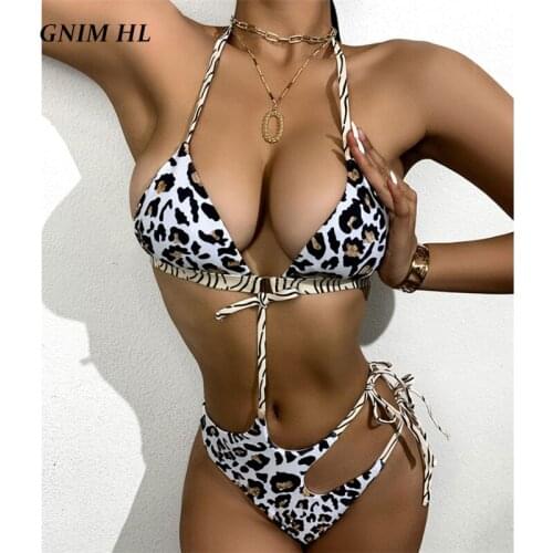 GNIM Leopard Swimwear Women One Piece Bandage Bikini Mujer 2021 New Sexy Backless Brazilian Swimsuit Female String Bathing Suit