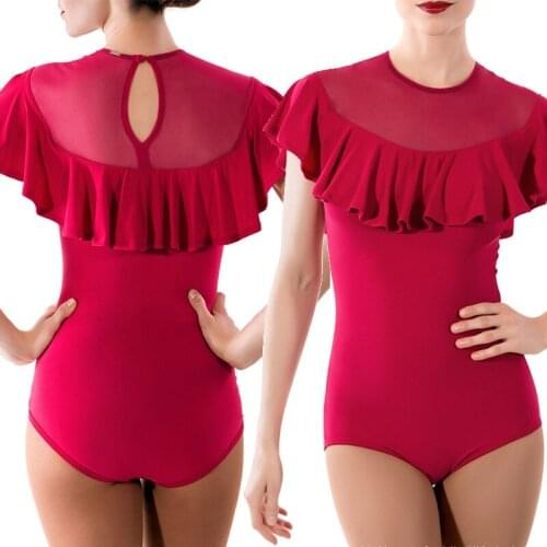 2018 Latin Dance bodysuit leotard Woman New Pattern Short Sleeve Lotus leaf collar Clothes competition Modern dance top T18006