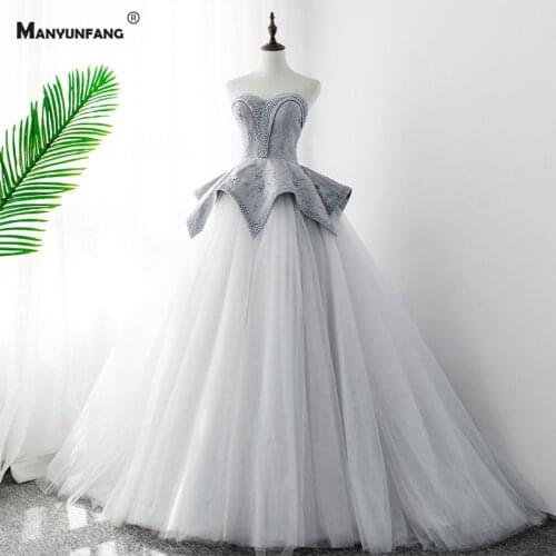 High-End Strapless Pearls Chapel Train Tulle Wedding Dress for Women 2021 New Arrival Lace Up Back Sleeveless Bridal Ball Gown