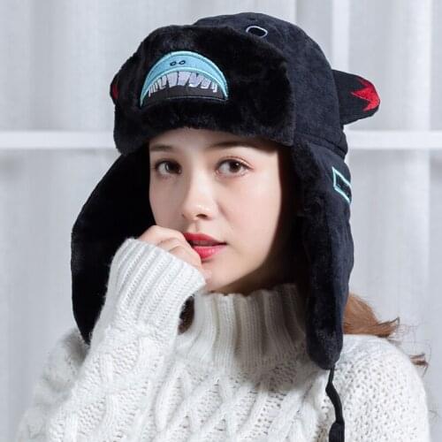 Winter Faux Fur Bomber Hats for Women Russian Ushanka Cartoon Shark Earflap Cap Teenager Corduroy Windproof Trapper Hat Snow Ski